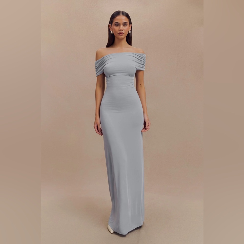 Meshki Imogen Dress Off Shoulder Slinky Maxi Dress - Dusty Blue NWT XS